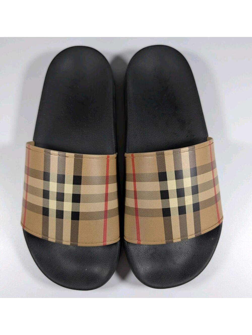 Burberry Mens 8 Beige Black Furley Check Slides Pool Sandals Luxury Designer Box